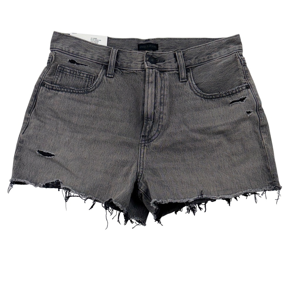 Uniqlo Boyfriend Denim Shorts Women 26 Gray New Distressed Raw Hem 221-456890
